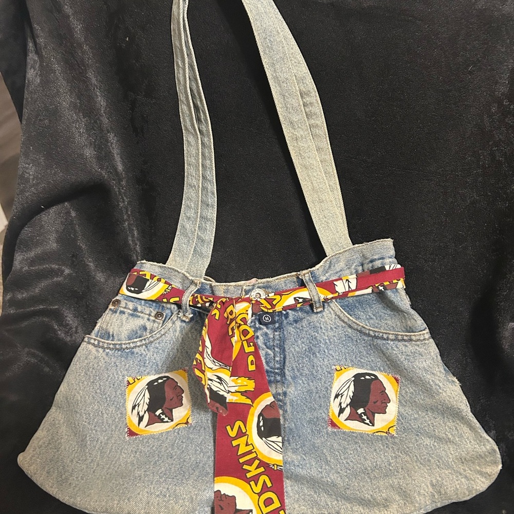 Upcycled Denim Vtg Shoulder Bag Accent Redskins Logo Patch and Tie Waist Scarf
